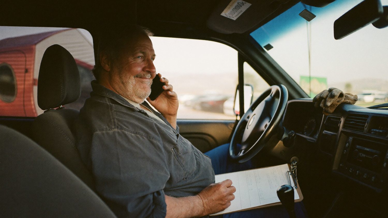 A tradesman taking a phone call in the cab of his work truck
